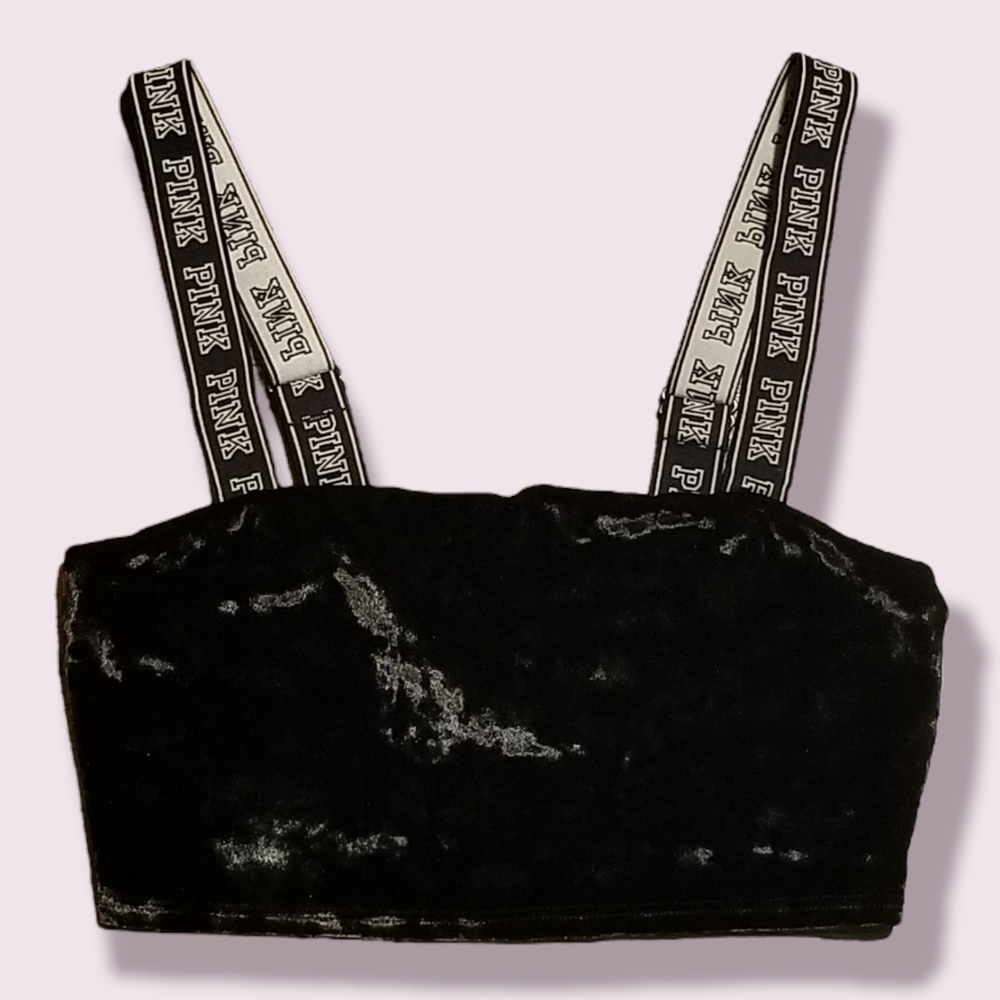 PINK Victoria Secret Black Crushed Velvet Crop Top with Thick LOGO Strap Small